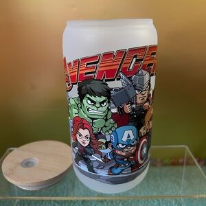 Handcrafted Avengers Cartoon Character 16 oz Frosted Glass Cup New